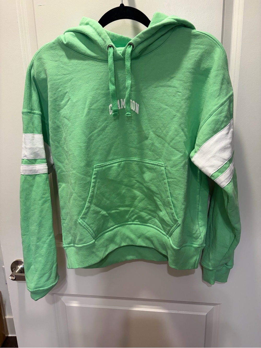 Champion Mint Green Hoodie with White Sleeve Stripes